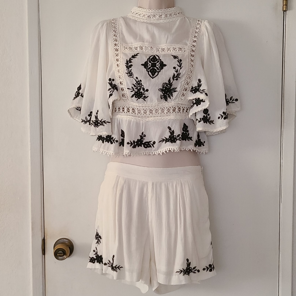 Boho Embroidered Floral Top and Short Set